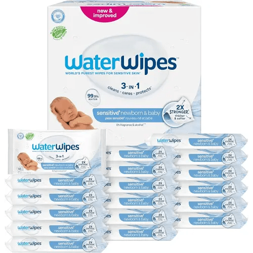WaterWipes Sensitive+ Newborn & Baby Wipes, 3-In-1 Cleans, Cares, Protects, 99.9% Water, Unscented & Hypoallergenic, 1080 Count (18 Packs)