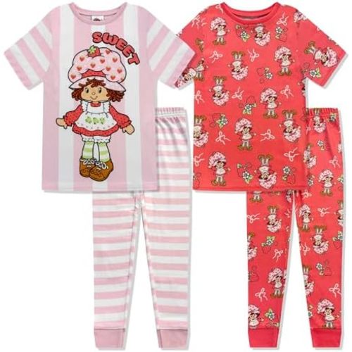 Strawberry Shortcake 4 Piece Pajama Set - Kids Tight Fit Short Sleeve & Pants, Sleepwear Set for Girls & Toddlers - Official
