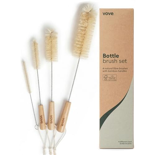 Vove Bottle Brush Set, 4 Natural Sisal Bottle Brushes with Long Bamboo Handles, Plastic-Free Bottle & Straw Cleaner Set, Zero Waste, Stainless Steel Wire, FSC Certified Bamboo, Kraft Packaging