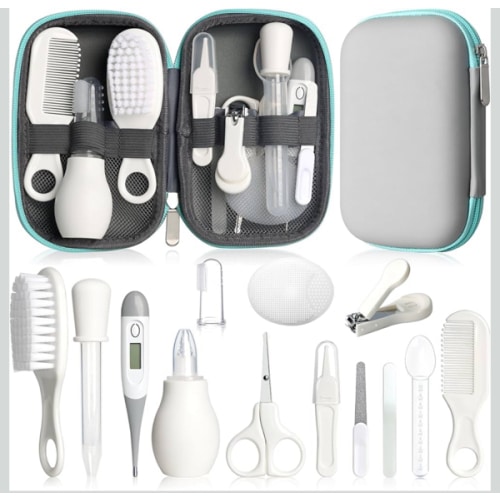 Baby Grooming Kit, Infant Safety Care Set with Hair Brush Comb Nail Clipper Nasal Aspirator,Baby Essentials Kit for Newborn Girls Boys (Grey White)