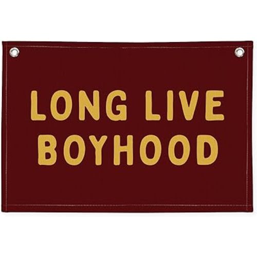 Long Live Boyhood Linen Banner – Boys Room Wall Hanging, Playroom & Nursery Decor, Toddler Room Flag, Aesthetic Boys Bedroom Sign – Burgundy & Mustard Yellow