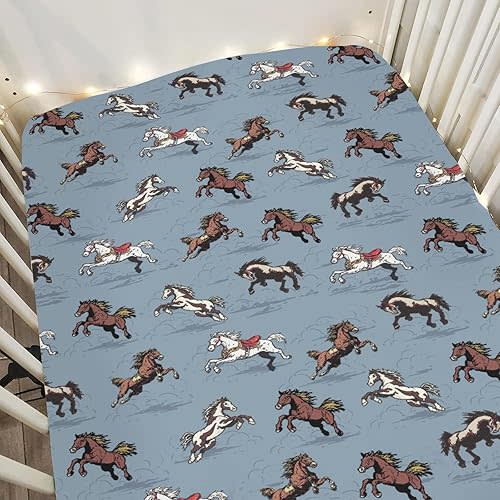 Vintage Wild Horses Baby Crib Sheets for Boy Girl 28"x52" Running Horse Soft Stretchy Fitted Crib Mattress Covers Wild Western Cowboy Animal Nursery Baby Sheet for Crib & Toddler Bed Mattress Blue