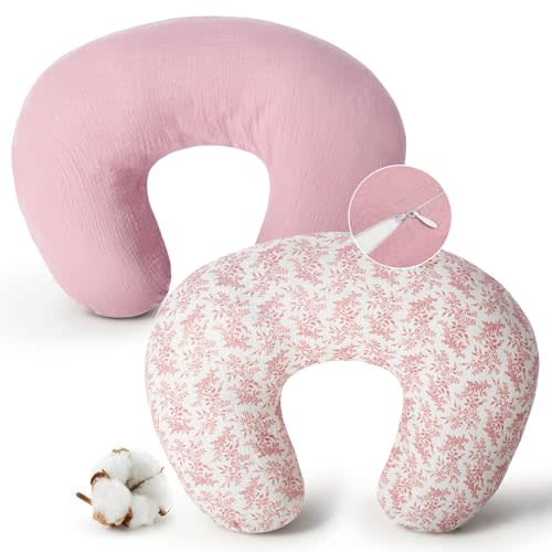 FUNUPUP Muslin Nursing Pillow Cover Replacement, Pink & Pink Leaves | Slipcover Fit for Standard Breastfeeding Pillow 27x19x6 Inches, Hidden Zipper, Soft Breathable, Machine Washable, Pre-Shrunk