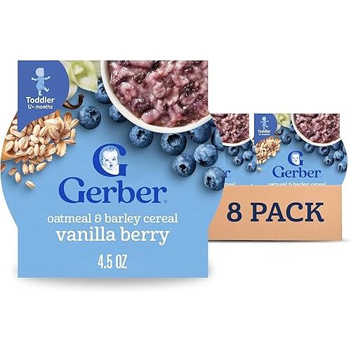 Gerber Toddler Food, Baby Food, Breakfast Oatmeal with Barley, Vanila Berry Flavor, Cereal, Iron Helps Support Brain Development, 8 Pack