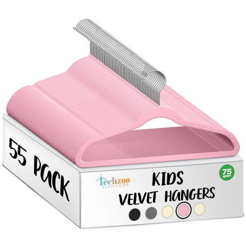Techzoo Premium Kids Velvet Hangers 55 Pack – 14" Non Slip Felt Cloth Hangers for Closet – Ultra Slim, Space Saving Kids Clothes Hangers with 360° Swivel Hook, Toddler Children Kids Hangers – Pink