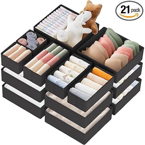 Criusia Drawer Organizer Clothes, 21 Pack Dresser Organizer for Baby Clothes, Underwear, Sock - Foldable Closet Organization and Storage Dividers Bins for Nursery, Bedroom (Black)