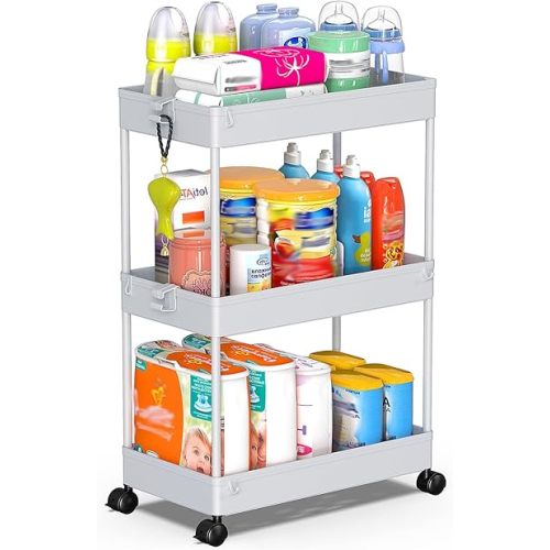 SPACEKEEPER Rolling Storage Cart 3 Tier Bathroom Cart Organizers with Wheels Laundry Room Organization Mobile Shelving Unit Utility Cart Storage Shelves Multi-Functional for Office, Home, Gray