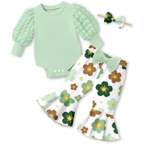 NAPU Baby Girl Clothes Long Sleeve Romper 3Pcs Baby Girl Outfits Flare Pants Set with Headband Fall Baby Girl Winter Clothes