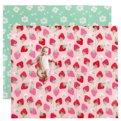 Wildkin Baby Play Mat - Large Folding Foam Play Mat for Infants, Babies, Toddlers, Waterproof, Double-sided (70" x 59") - Strawberry Patch