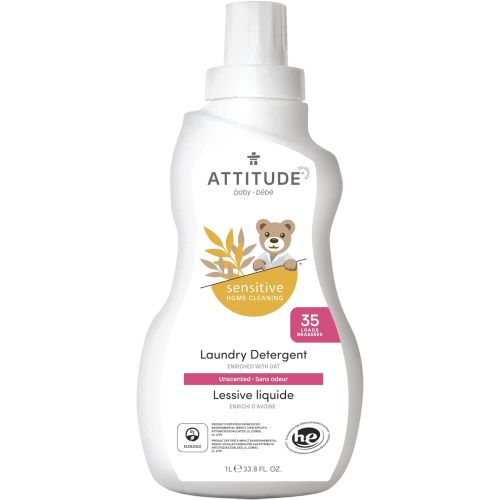 ATTITUDE Baby Laundry Detergent Liquid, EWG Verified, Safe for Baby Clothes, Infant and Newborn, Vegan and Naturally Derived Washing Soap, HE Compatible, Unscented, 33.8 Fl Oz, 35 Loads - Unscented - Sensitive - 33.8 Fl Oz (Pack of 1)