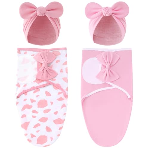 Cinaci 2 Pack Adjustable Soft Cotton Blend Newborn Baby Receiving Swaddle Blankets Sleep Sacks with Big Bow Hats Caps Beanies Bonnets for Baby Girls Newborns Infants (White Pink+Pink)