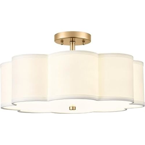 Gold Semi Flush Mount Ceiling Lights, 4-Light 18" Ceiling Light Fixtures with Fabric Shade in Flower Shape, Farmhouse Brass Drum Lighting for Nursery Bedroom Kitchen, AD-22009-4SF-GD