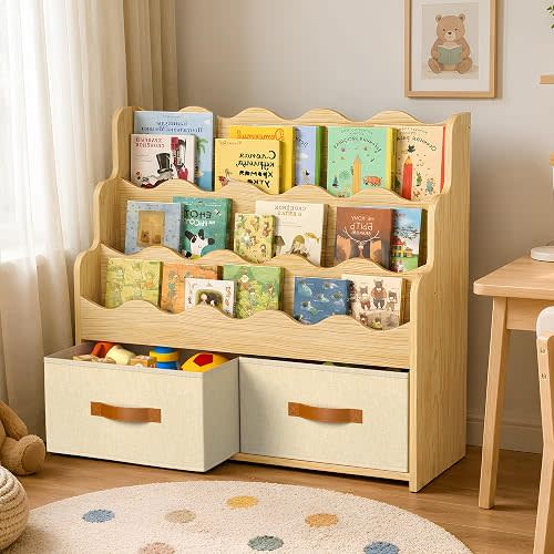3-Tier Montessori Scalloped Kids Bookshelf with Drawer (30.51” Wide)