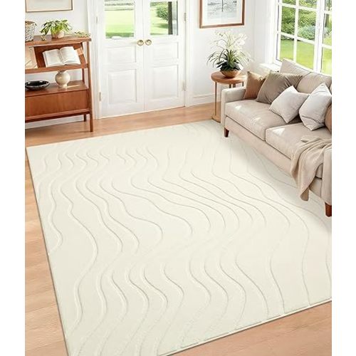 YIHOUSE 5x7 Abstract Line Area Rug, Modern Washable Stain Resistant Rugs Non Slip, Soft Indoor Floor Carpet for Living Room, Bedroom,Dining Room, White