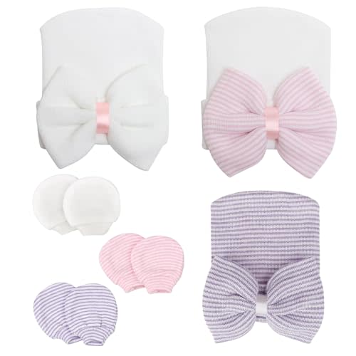 AQOKKA Newborn Baby Girl Hats with Bow No Scratch Cotton Toddler Infant Beanie Caps Soft Newborn Hospital Hat 0-3 Months