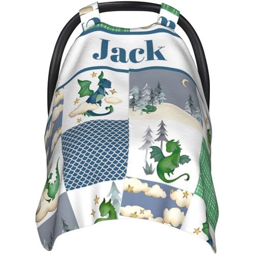 Personalized Baby Car Seat Canopy for Babies with Name, Custom Car Seat Covers for Boys Girls, Cute Dragon Green Nursing Breastfeeding Stroller Cover Infant Carseat Canopies for Newborn