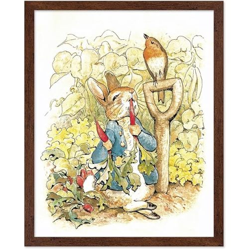 Monem Art Classic Illustration Poster - Vintage Story Book Print - Gift for Artist, Friend - Peter Rabbit, Carrot, Blue Jacket, Animal - Wall Decor for Home, Nursery, 8x10 Brown Framed