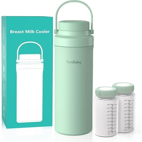 22oz Portable Breast Milk Cooler, Game-changer with 360° Total Cooling Gel Ice Pack for 30 Hours, Baby Travel Breastfeeding Essential Chiller with 2pcs Bottles for Breastmilk Storage(Green)
