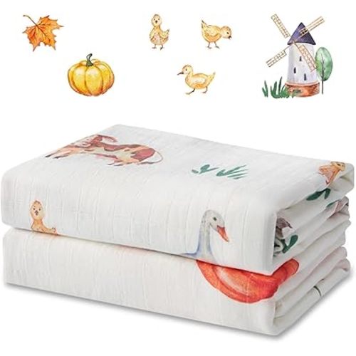 2-Pack Baby Muslin Swaddle Blankets, 47 x 47 Inches Soft Breathable Bamboo Cotton Blend, Lightweight Receiving Blanket for Newborns and Infants, Farm Harvest