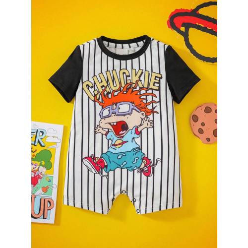 Nick 90s X SHEIN Baby Boy Cartoon Figure Graphic Black & White Striped Cute Casual Romper | SHEIN USA