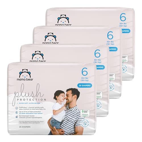 Amazon Brand - Mama Bear Plush Protection Diapers - Size 6, One Month Supply, Hypoallergenic Premium Disposable Baby Diapers, 100 Count (Pack of 4), White and Cloud Dreams