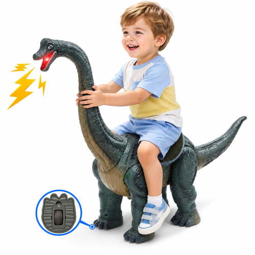 JoyStone Dinosaur Ride On Toy for Toddlers, Brachiosaurus Ride-On Push Car with Sound and Light, 4-Wheel Ride On with Traction Rope, Indoor Outdoor Toddler Toy Gift