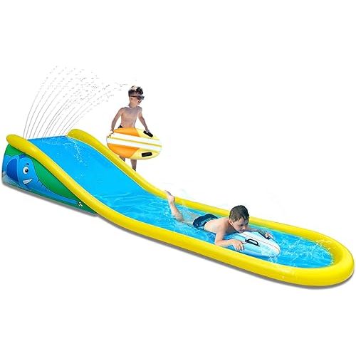 Inflatable Water Slide with Sprinkler for Kids,15FT waterslide with 2 Inflatable Surf Riders and Built-in Sprayer for Ages 6 and Up Backyard Summer Sprinkler and Splash Water Toy Outdoor Fun