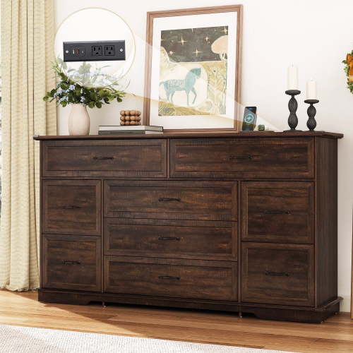 Farmhouse 9 Drawers Dresser for Bedroom, 63'' Wide Wood Chest of Drawers with Power Outlets, Deep Drawer Dresser Storage Organizer for Living Room Hallway