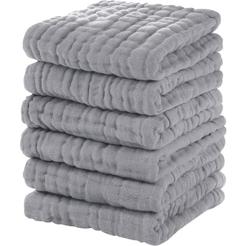 Muslin Baby Washcloths 6 Pack, 100% Cotton Wash Cloths for Babies, Large 12''X12'' Burp Cloths Absorbent and Soft for Newborn Infants Kids Boys Girls - Light Gray