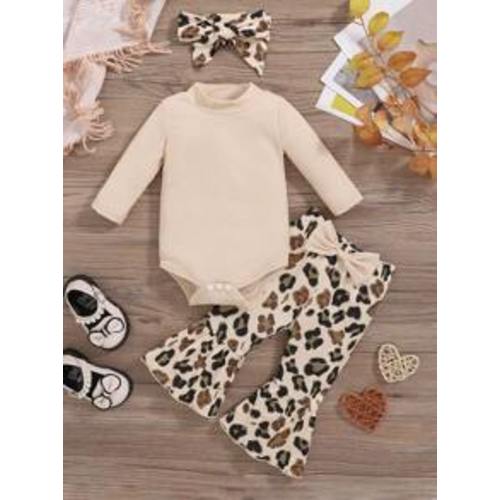 Spring And Autumn Style, Baby Girl, Casual, Elegant, Fashionable, Light And Comfortable, Clothing Set, Solid Color, Flying Shoulders, Long Sleeve Jumpsuit, Camouflage Leopard Print Flared Pants, Bandana, Three Pieces Set | SHEIN USA