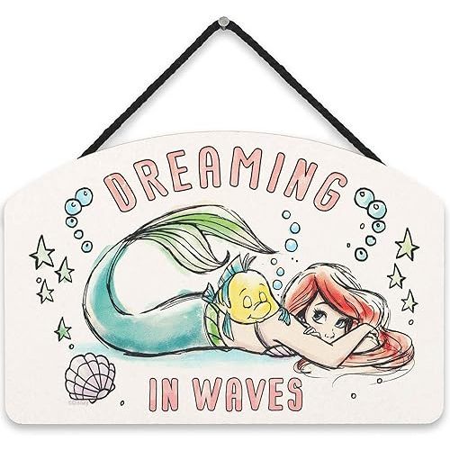 Disney The Little Mermaid Ariel Dreaming in Waves Hanging Wood Wall Decor - Fun Ariel Sign for Bedroom or Play Room