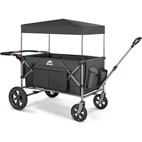 Foldable Wagons for Two Kids & Cargo, with 5-Point Harnesses,Adjustable Push/Pull Handle, Removable Sun Canopy, One-Step Locking Design, Suitable for Family Travel, Two Children Ride, Black