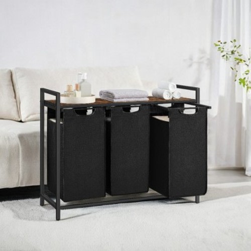 Laundry Sorter Hamper, 3 x 10 Gallons, with 3 Removable Pull-Out Bags, Metal Frame, Shelf, 36.4 x 13 x 28.4 In Laundry Basket Black