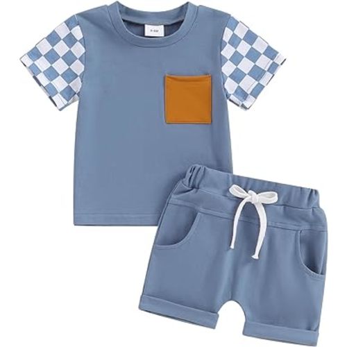 Toddler Baby Boy Girl Summer Clothes Checkerboard Print Short Sleeve T-Shirt Tee Tops Rolled Shorts Infant Outfits
