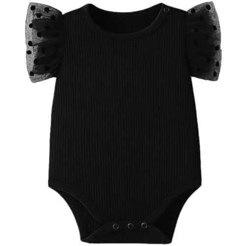 ROMPERINBOX Baby Girl Onsies Polka Dot Mesh Puff Sleeve Rib-Knit Short Sleeve Round Neck Bodysuit for 0-24 Months