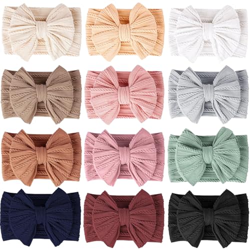 ALinmo 12 Pack Baby Headbands Super Soft Stretchy Nylon Hair Bands Hair Bows Hair Accessories for Baby Girls Newbrons infants Toddlers
