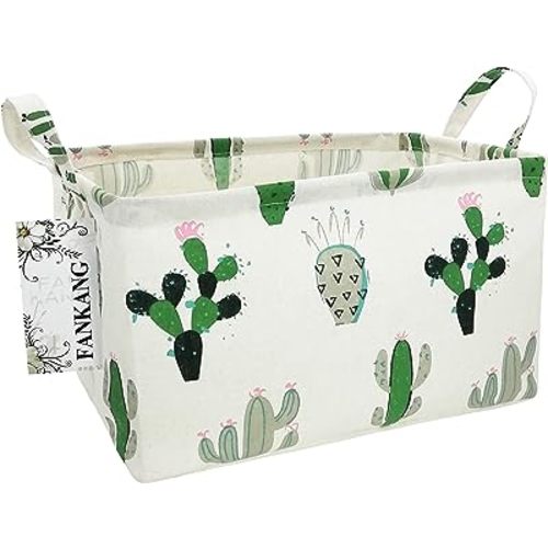 FANKANG Storage Basket,Nursery Hamper Canvas Laundry Basket Foldable with Waterproof PE Coating Storage, Office, Bedroom, Clothes,Toys (L, Rec-Cactus)