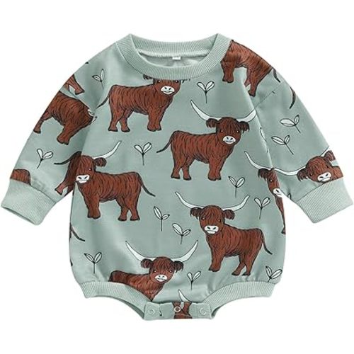 SAYOO Western Cowboy Outfits Baby Girl Boy Sweatshirt Romper Cow Print Oversized Sweater Bodysuit Infant Fall Clothes 0-24M