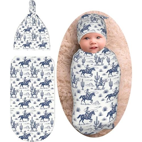 Cowboy Cactus Western Newborn Baby Swaddle Blanket Baby Stuff,with Beanie hat Sets, Soft Gifts for Unisex Boys Girls Shower Infant