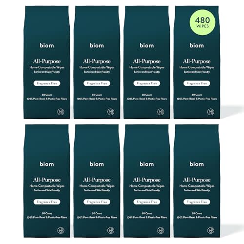 Biom All-Purpose Cleaning Wipes Refill (8pk x 60ct Each)- Fragrance Free - All Natural, Plant-Based, Non-Toxic Wipes for Home & Travel - Kid & Pet Friendly