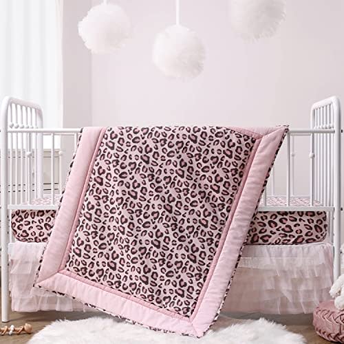 The Peanutshell 3 Piece Baby Crib Bedding Set for Girls - Newborn, Infant & Toddler Nursery Bed Set Decor with Fitted Crib Sheet, Dust Ruffle, Comforter - Leopard Love