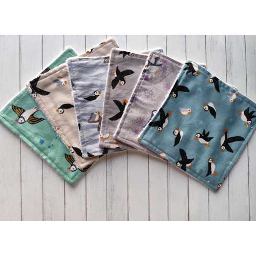 Puffin Print Fancy Cotton Face Cloths: Reusable Bamboo Baby Wipes