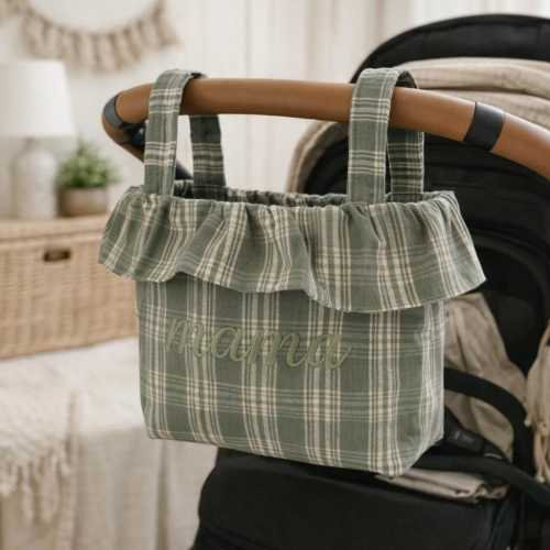 Personalized Ruffle Stroller Caddy Bag | Baby Shower Gift | Mom Tote Organizer | Sage Plaid Stroller Bag | Mom Gift