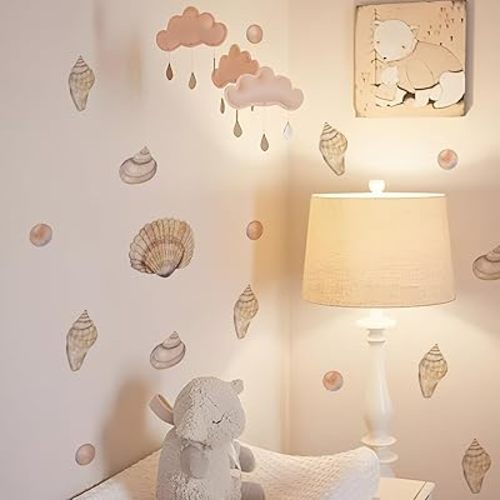 QUCHENG Ocean Animals Wall Sticker Sea Shell Wall Decal Beach Decor Watercolor Removable Waterproof Stickers Bedroom Bathroom Baby Nursery Wall Decor 4 Sheets