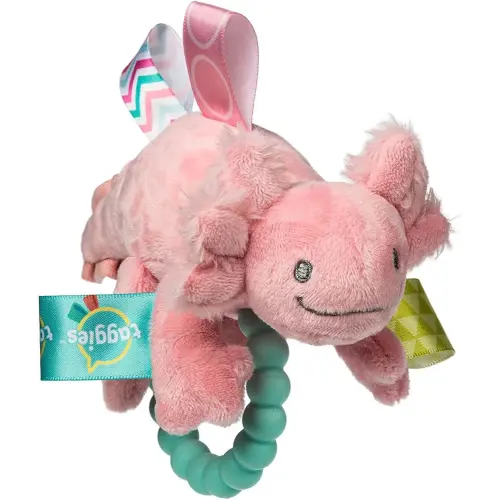 Soft Baby Rattle with Soothing Teether Ring and Sensory Tags, 6-Inches, Lizzy Pink Axolotl