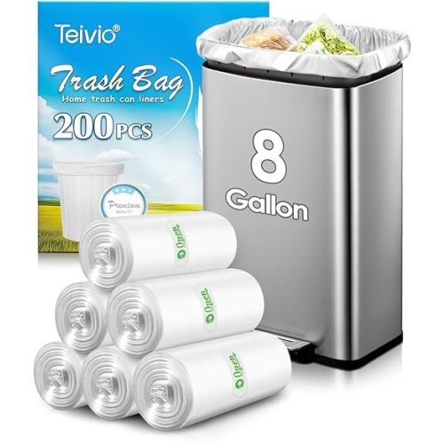 8 Gallon 200 Counts Unscented Medium Trash Bags,Fit 7,8,9,10 Gal Garbage Bags by Teivio, 30 Liter Thick Bathroom Can Bin Liners,Plastic Bags for Home Office Kitchen, Clear