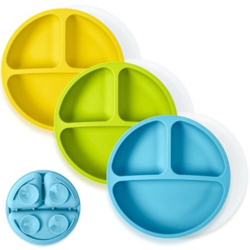 WeeSprout Suction Plates for Babies & Toddlers 100% Silicone Divided Design - With Lids, 3 Pack (Bright Green, Blue & Yellow)