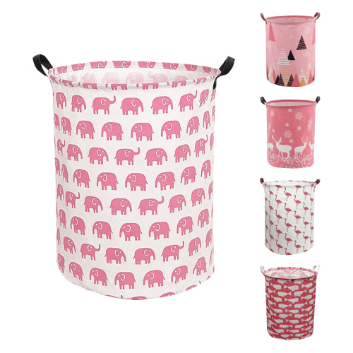 Laundry Basket, Collapsible Large Laundry Hamper Waterproof with Leather Handle, Dirty Clothes, Baby Kids Toy Storage Baskets Dorm - Pink Elephant