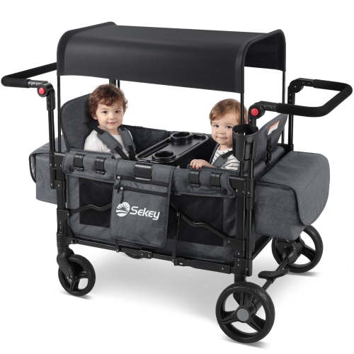 Sekey Wagon Stroller Luxury 4-in-1 Stroller Wagon with Convertible Seats, Adjustable Push Handles, Removable Canopy, Snack Tray & Cooler