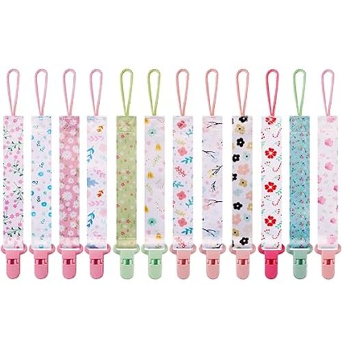 12 Pack Pacifier Clips with Adjustable Strap (32-46.5cm)/Short Strap(25.5cm) - Premium Polyester Baby Pacifier Holder Set, Multi-Design Clips for Boys Girls (Multicolor D 25.5cm)